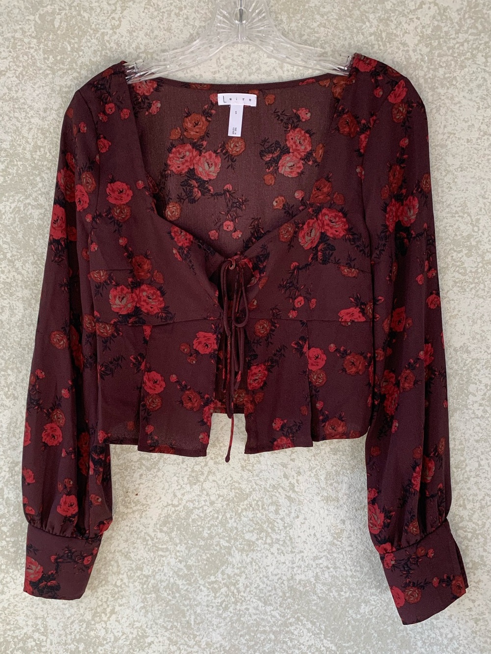 Leith Burgundy Floral Long Sleeve Tie Front Crop Blouse Square Neck Top Small